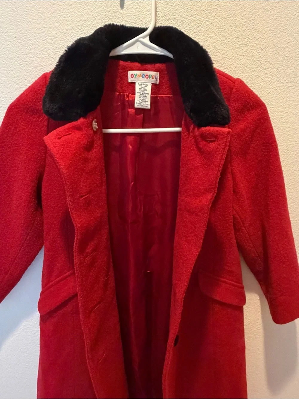 Vintage Gymboree Girls Red Wool Blend Dress Coat Size 10-12 Black Faux Fur